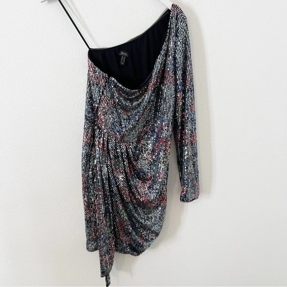 Aidan by Aidan Mattox Printed One-Shoulder Sequin Mini Dress Cocktail Sz 12